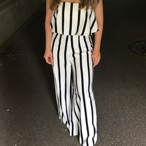 Black and white stripe strapless jumpsuit